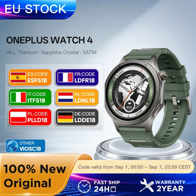 Reloj Inteligente OnePlus Watch 4 con Wear OS, Pantalla AMOLED de 1.5”, Batería de hasta 16 días, ECG y Salud en 60s, GPS Dual, Resistente IP69/5ATM, Titanio y Cristal Zafiro