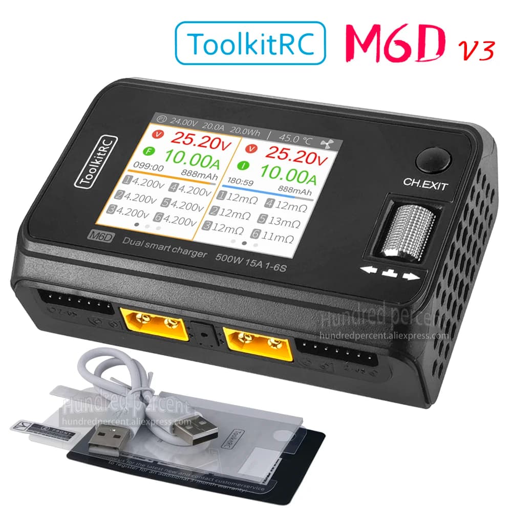 ToolkitRC-cargador M6D V3, negro, CC, 500W, doble canal inteligente, 1S, 2S, 3S, 4S, 5S, 6S, modelo de juguete, batería de litio para coche, carga rápida