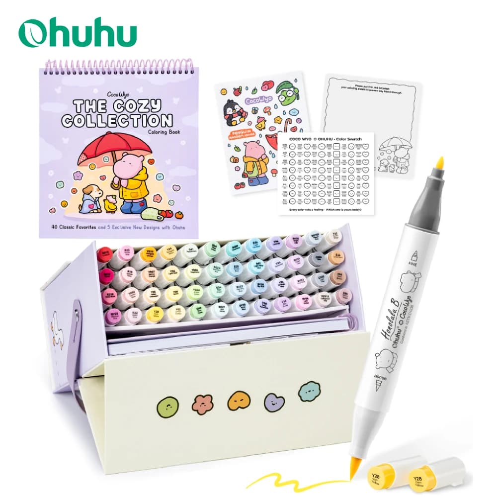 Ohuhu × Coco Wyo Juego para Colorear, 48 Rotuladores de Alcohol y Libro para Colorear, Kit de Coloreo de Estado de Ánimo, Honolulu B 48 Colores con Punta de Pincel y Punta Fina
