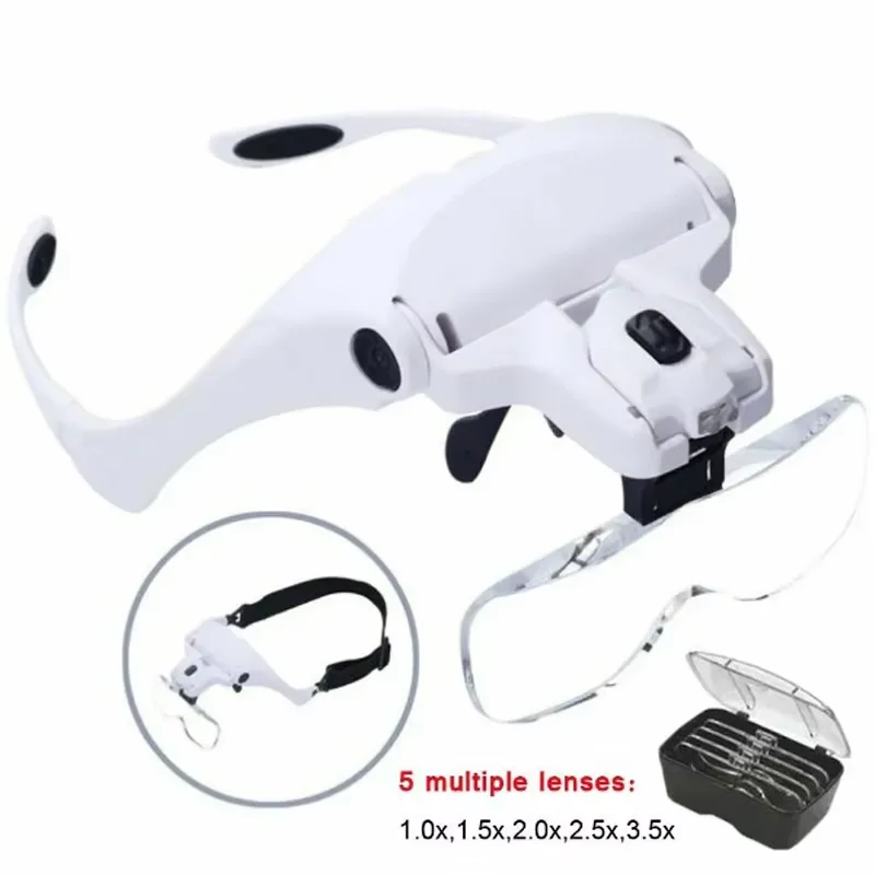 Venta caliente lupa LED cabeza de luz lupa joyero reloj lupa brillante con 5 lentes