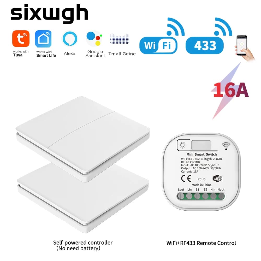 SIXWGH-interruptor inteligente con WIFI para el hogar, dispositivo con Control de aplicación remota, sin batería, funciona con Google Home y Alexa, 16A