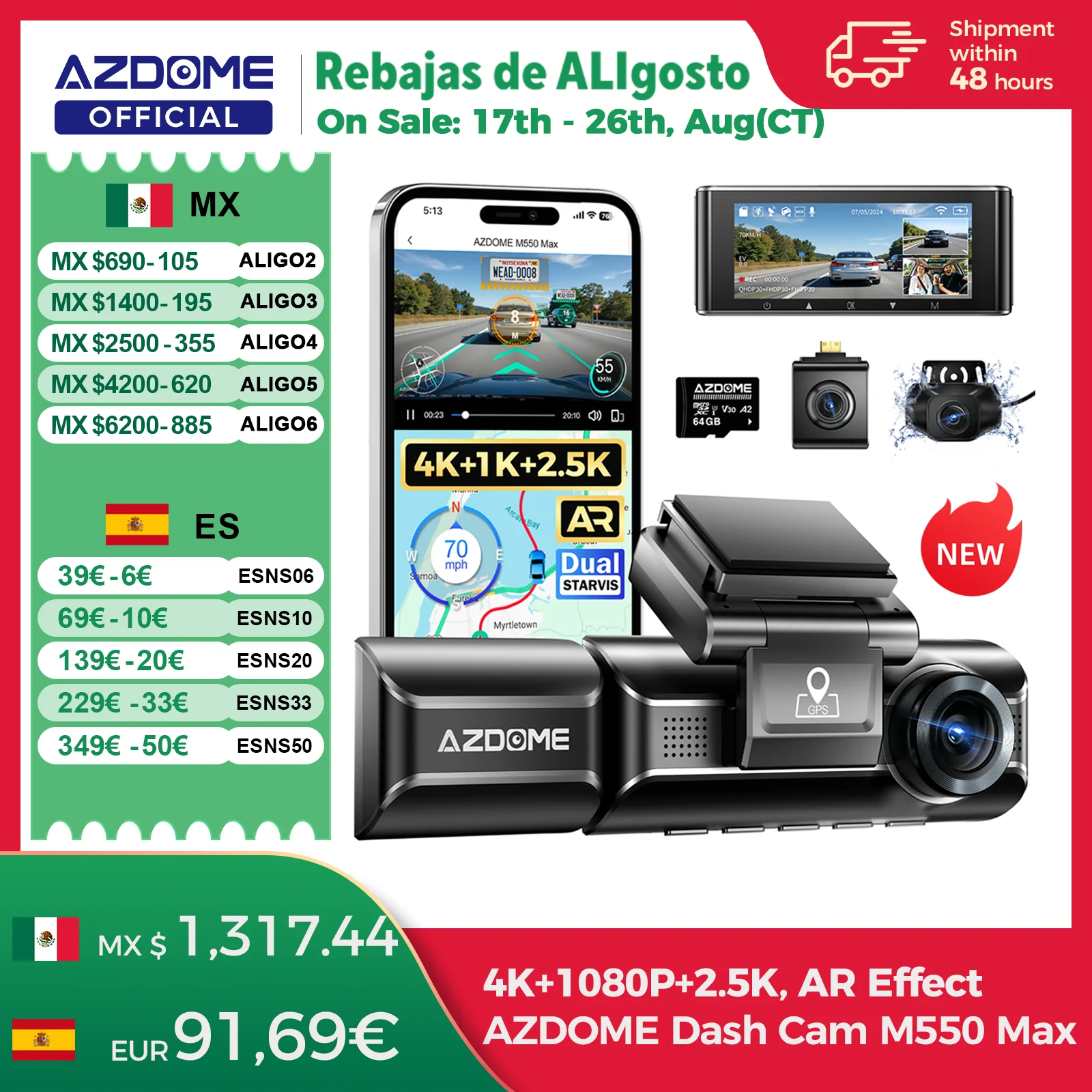 AZDOME M550 Max Dash Cam 4K + 1K + 2,5 K GPS incorporado WiFi 150FOV cámara de coche 24H Monitor de estacionamiento visión nocturna cámara de salpicadero para coches