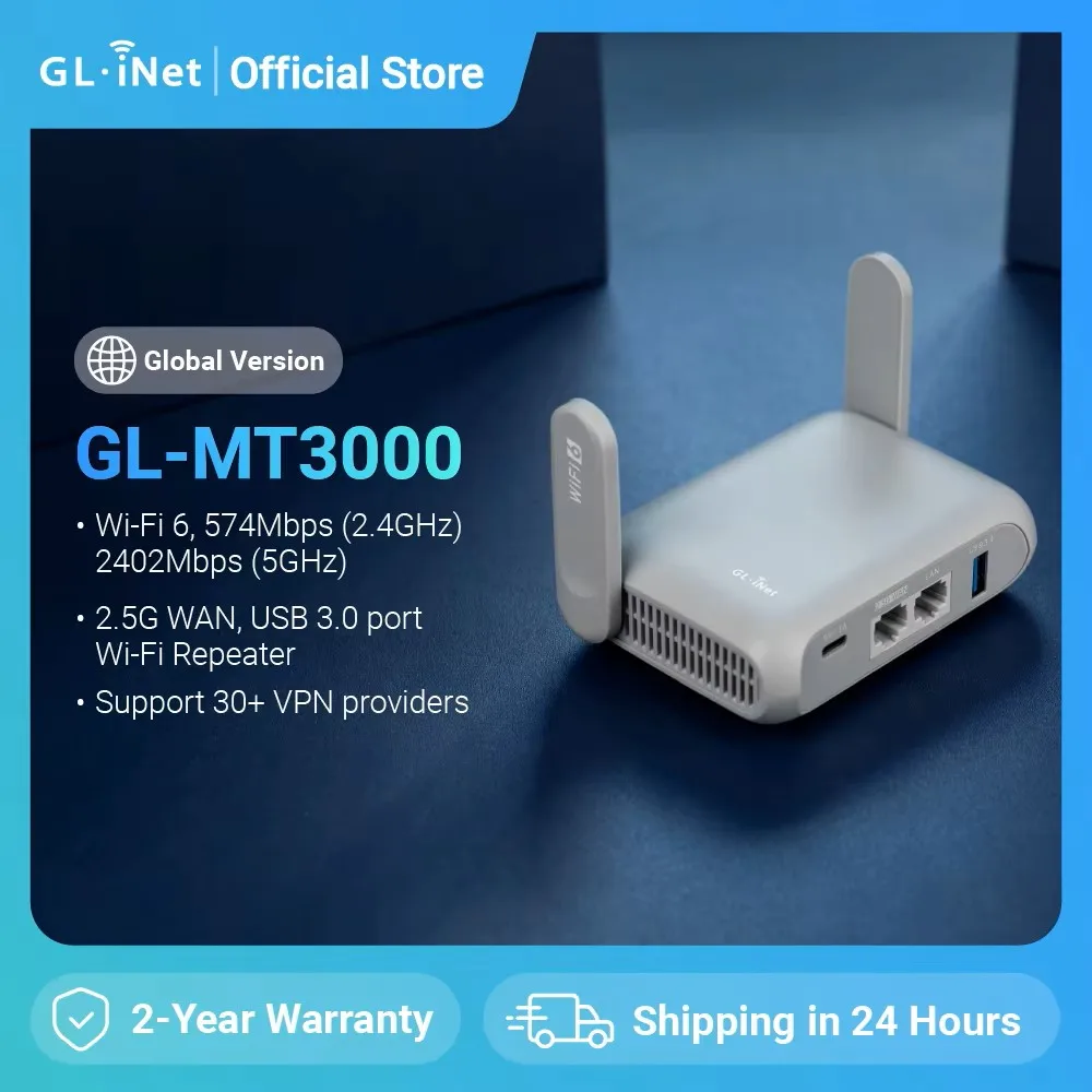 GL.iNet GL-MT3000 (Beryl AX) Enrutador Gigabit de viaje inalámbrico Wi-Fi 6, conexión Wi-Fi público y de hotel, Portal cautivo, seguridad cibernética
