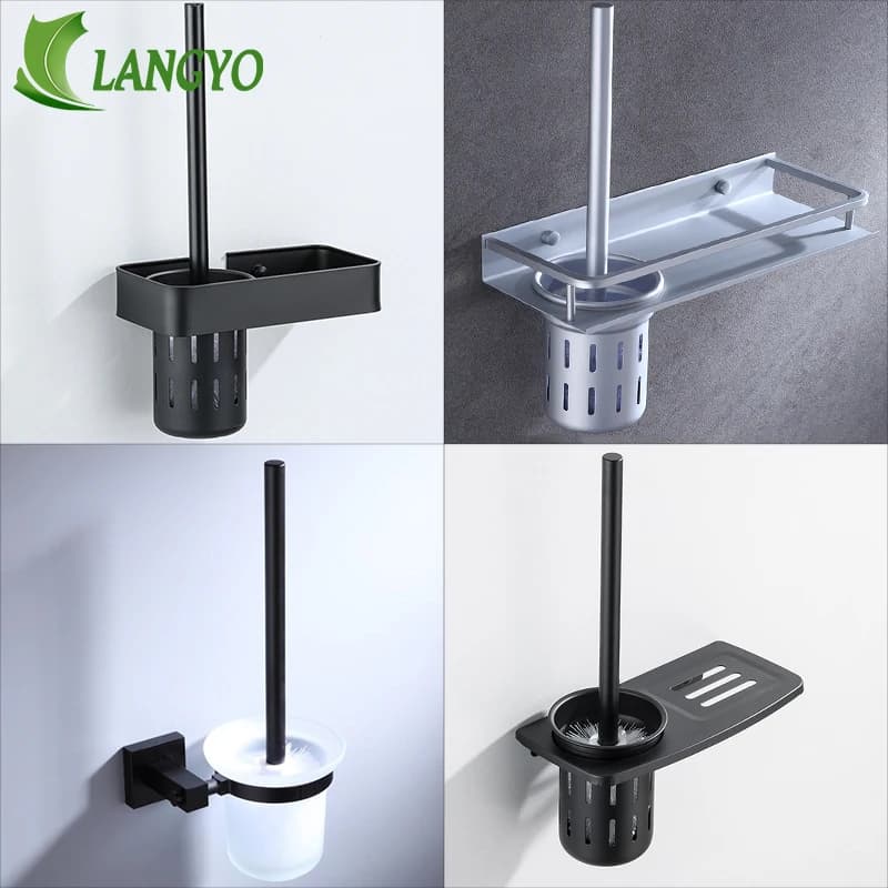 LANGYO-Juego de escobillas de baño, herramienta de limpieza montada en la pared, color negro, plateado y gris