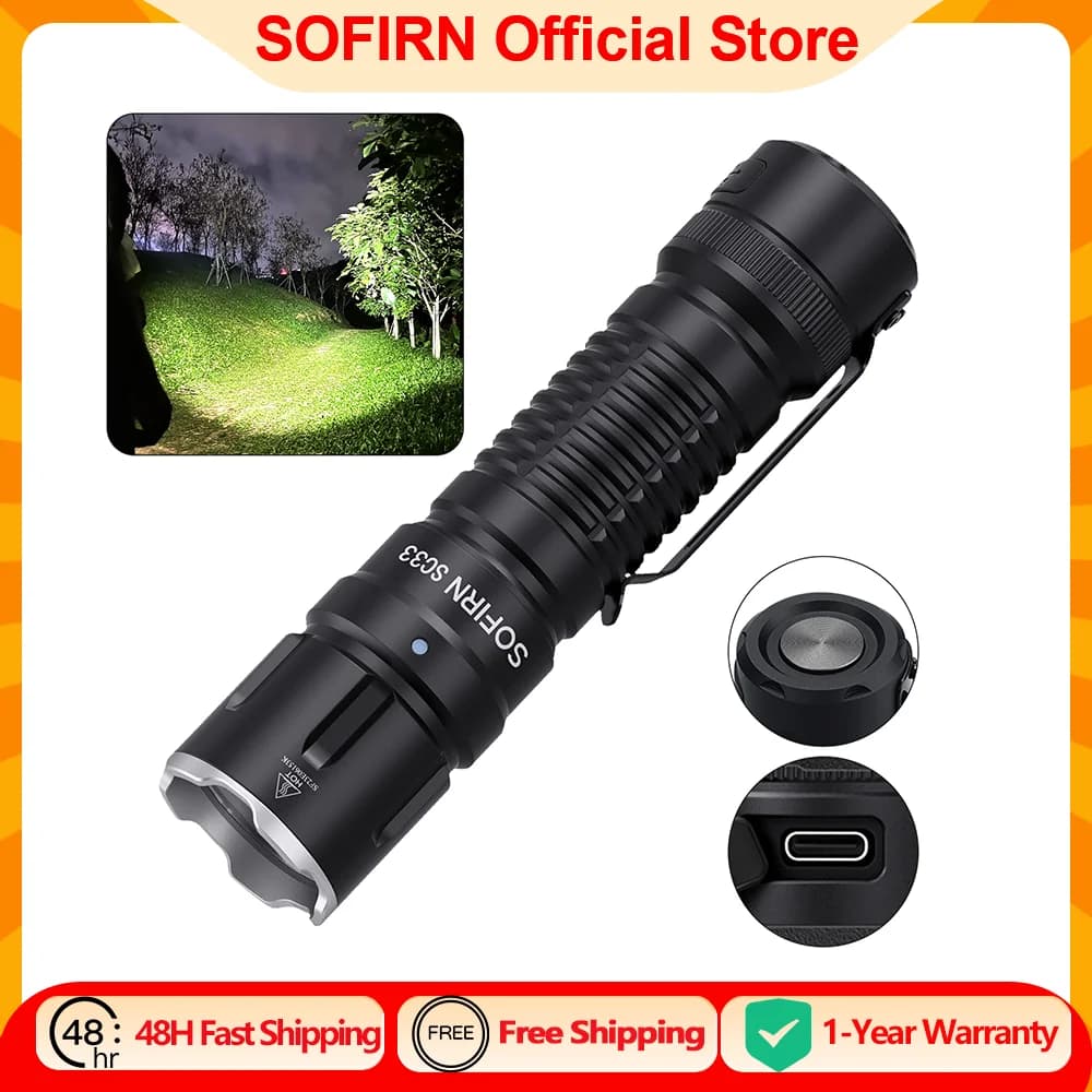 Sofirn SC33 5200 lumen Linterna LED XHP70.3 HI Linterna táctica Potente linterna recargable 21700 USB C con interruptor de cola E iluminación externa, potente linterna para caza, uso policial, defensa personal