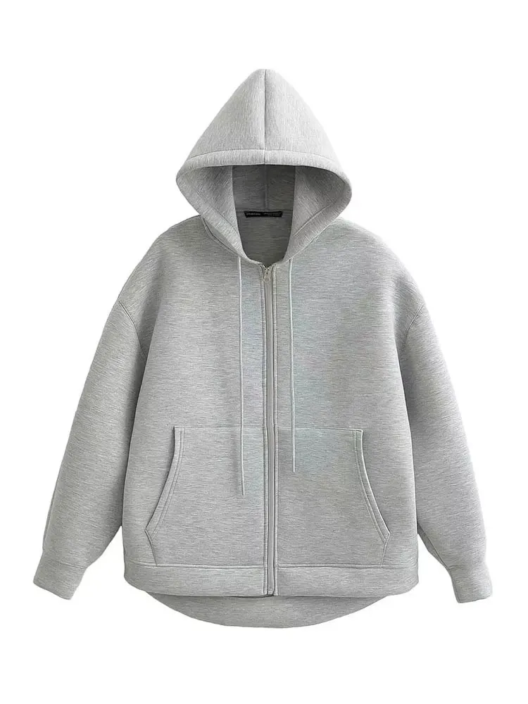 HH otoño mujer chaqueta gris con capucha de manga larga bolsillo grande chaqueta con cremallera abrigo mujer suelta Casual prendas de vestir exteriores abrigo Tops