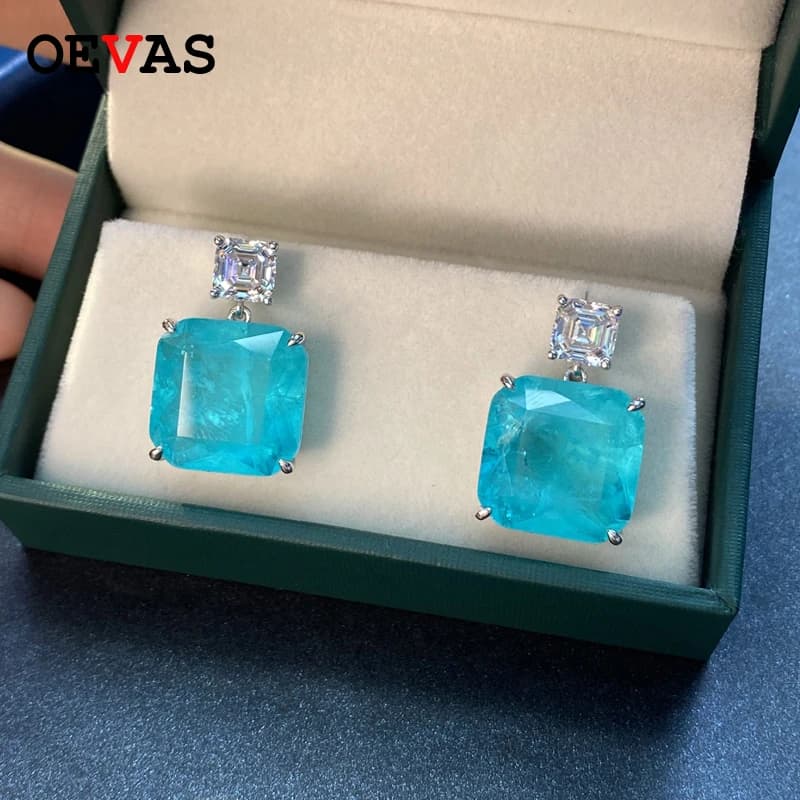 OEVAS Pendientes Colgantes de Plata de Ley 925 con Turmalina Paraiba, Diamantes de Alto Carbono Brillantes, Joyería Fina