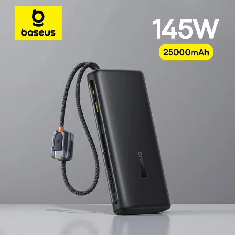 Batería Externa Baseus de 145W y 25000mAh con Carga Rápida, Cable Tipo-C Integrado, Cargador Portátil para iPhone, Samsung, MacBook y Tablet