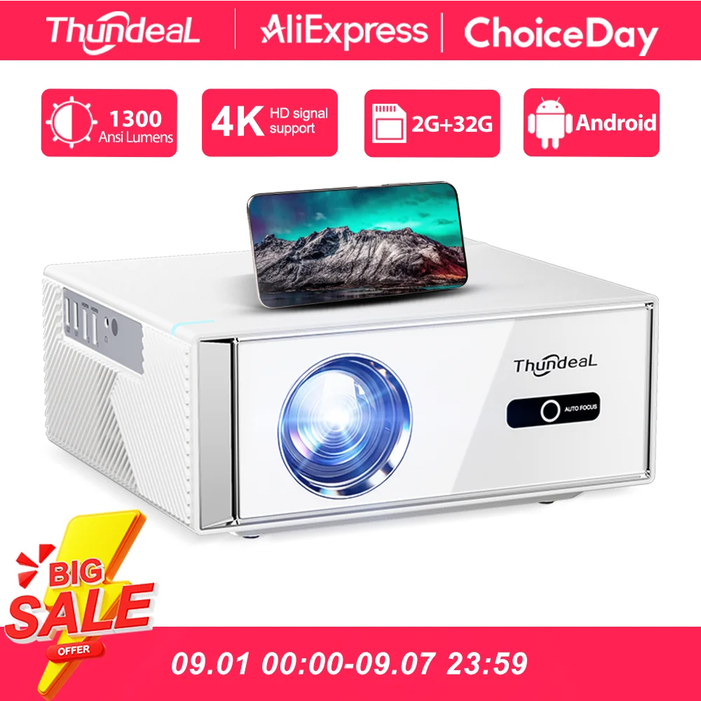 Proyector Android ThundeaL TD95W Full HD 1080P WiFi 2K 4K, Cine en Casa, Smart TV Portátil, Video, Películas, Reuniones, Proyector LED TD95