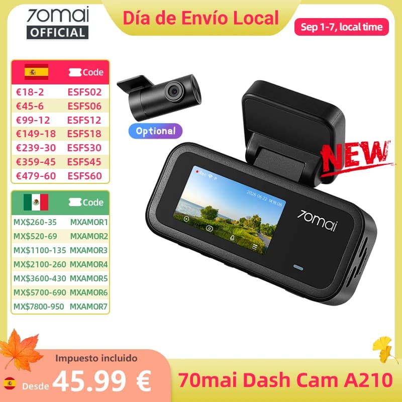 【Nuevo】Cámara para Auto 70mai A210, 1080P HDR, Visión Nocturna, Doble Canal, Supercondensador, GPS Integrado, Wi-Fi6, Vigilancia de Estacionamiento 24H