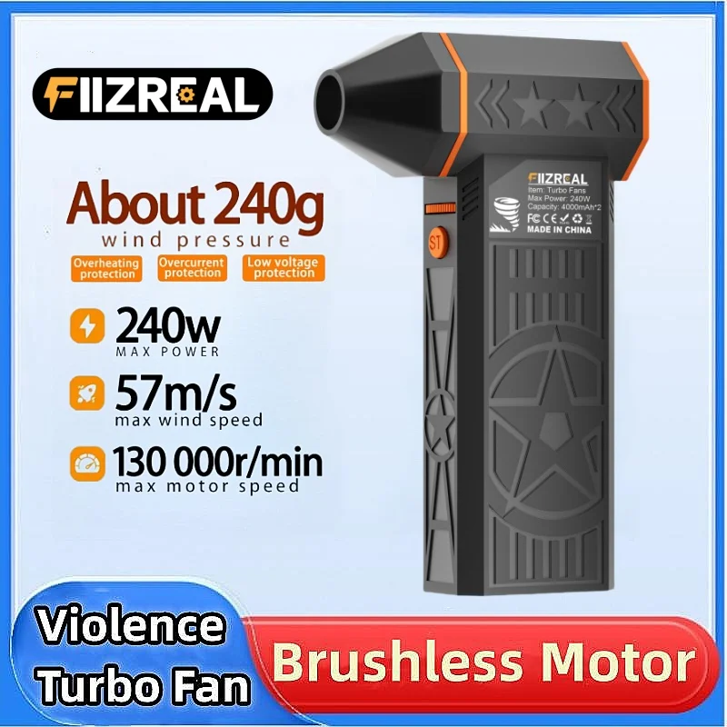 Ventilador Turbo Sin Escobillas Fiizreal X50 de 240W, 57m/s, Batería Dual de 8000mAh, Boquilla Magnética Tipo-C de 15W