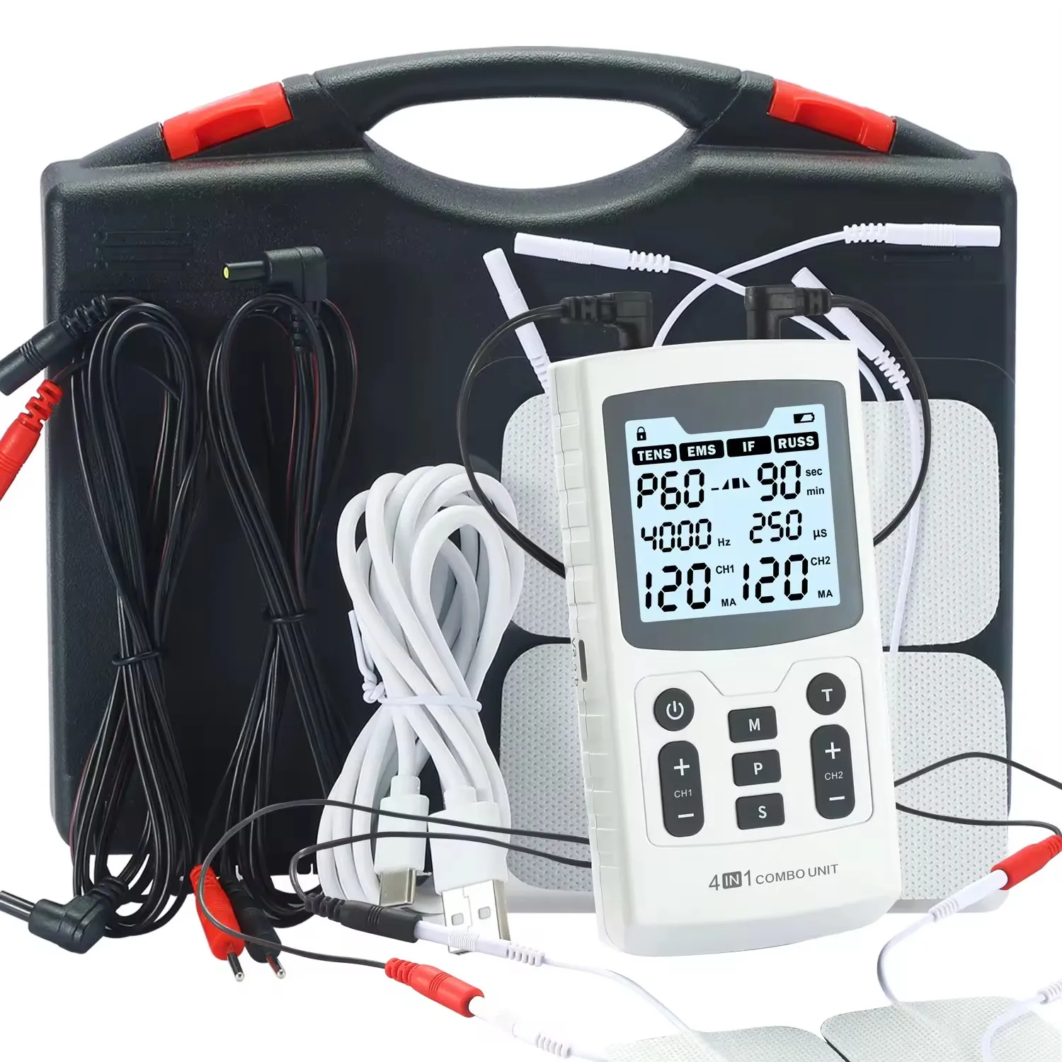 60 modos de masaje 4 en 1 Estimulador muscular eléctrico Combo terapia de fisioterapia 4000Hz EMS IFC RUSS TENS electroestimulador de pulso