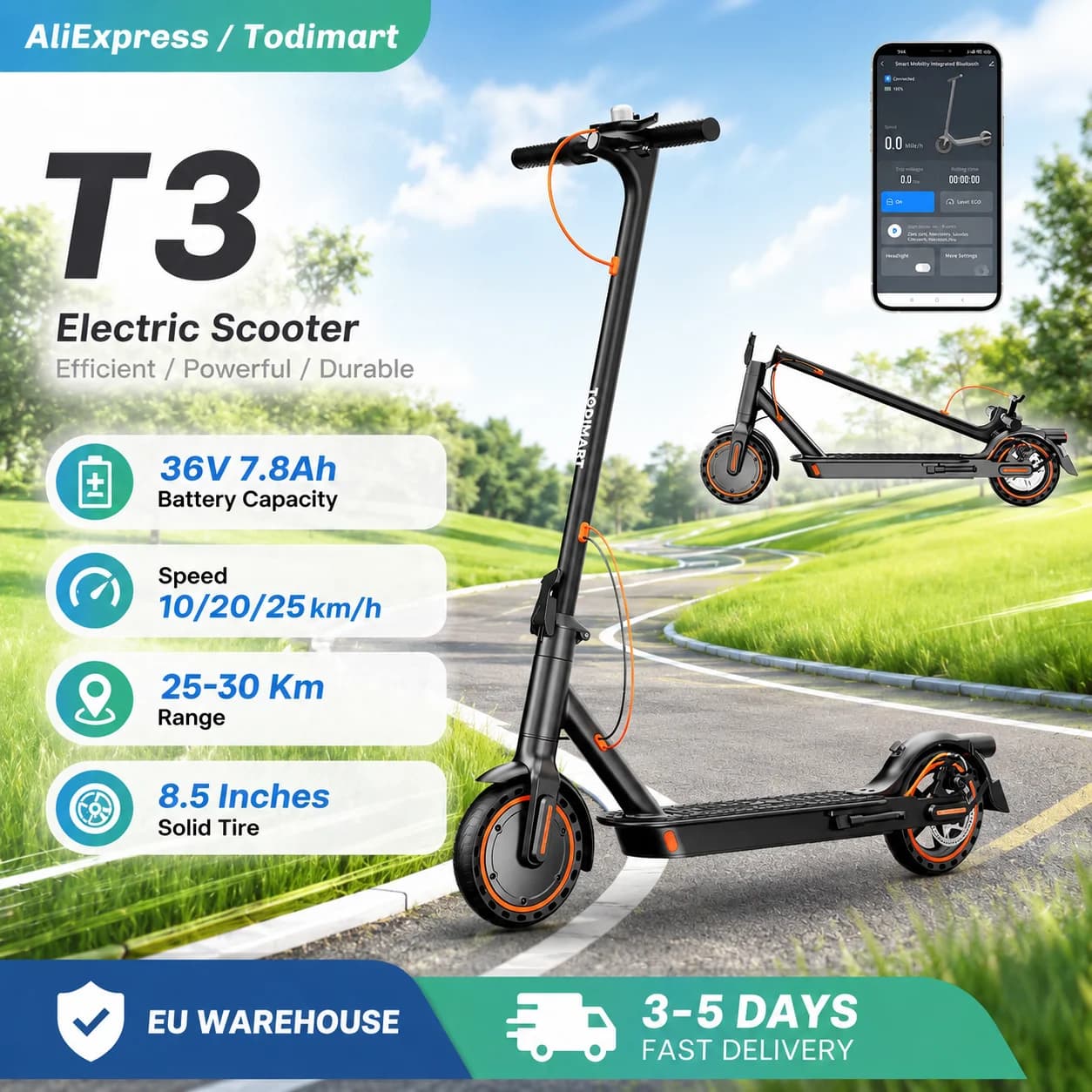 TODIMART T3 Patinete Eléctrico Plegable para Adultos, Patinete Eléctrico para Viajes Urbanos, Alcance de 20-30 km, Batería de 36V 10Ah, Carga Máxima de 120 kg, Neumáticos de Panal Resistentes a Pinchazos, Patinete Eléctrico Portátil para Viajes