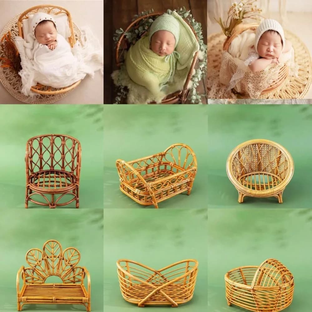 Accesorios de fotografía recién nacido, cama de tiro de bebé hecha a mano Vintage de ratán, banco de madera de bambú, cesta de cama, muebles, utilería para sesión de fotos de bebé