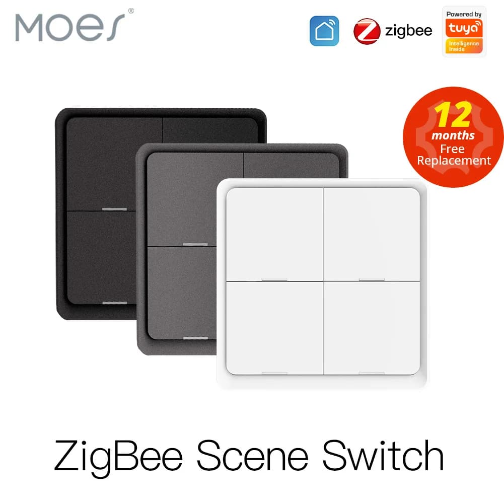 MOES-interruptor inalámbrico ZigBee de 4 bandas, controlador de botón pulsador, escenario de automatización alimentado por batería para dispositivos Tuya, 12 escenas