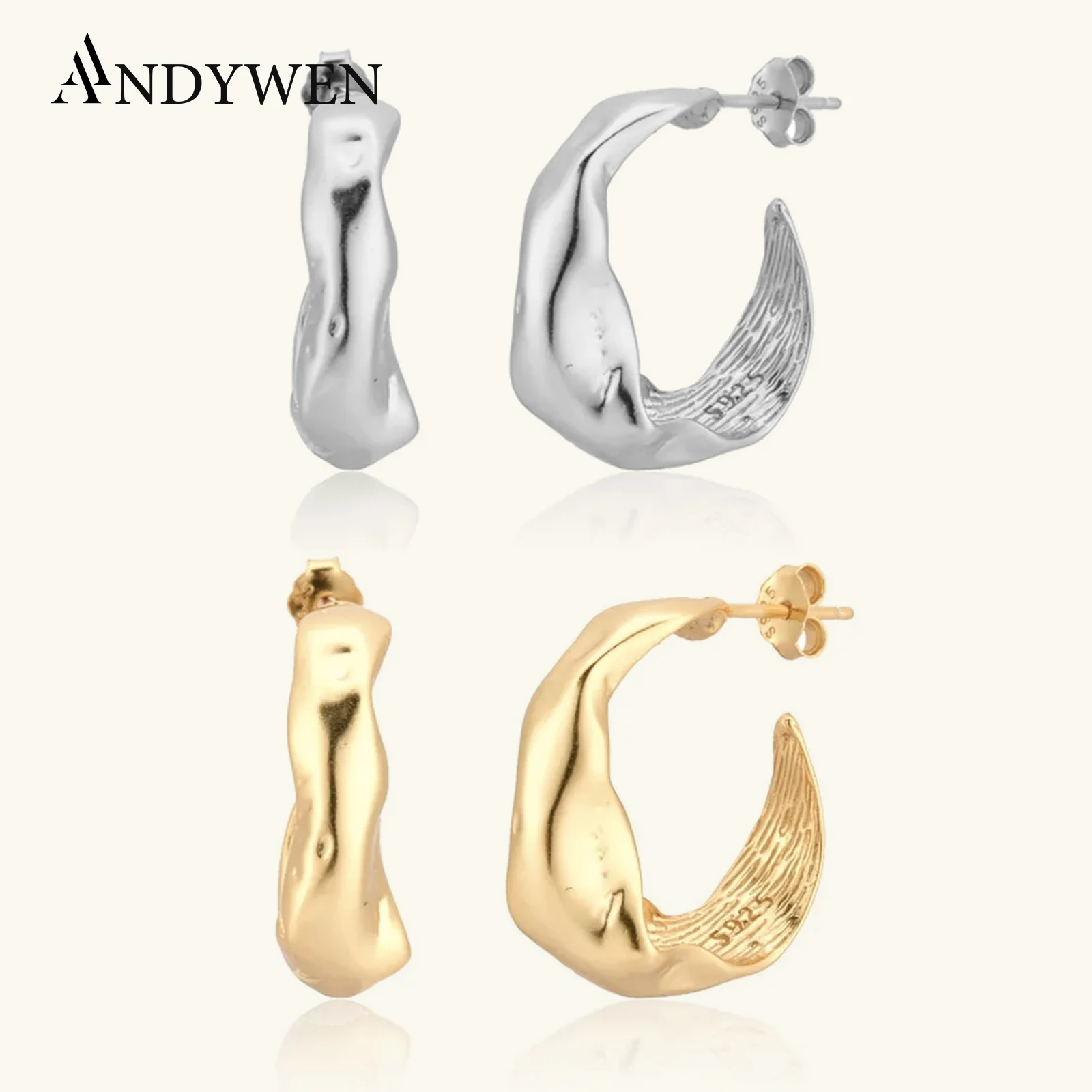 ANDYWEN-pendientes de aro de Plata de Ley 925 para mujer, aros circulares de 17mm, dorados, geométricos irregulares, joyería Punk Rock, moda de boda, 2020