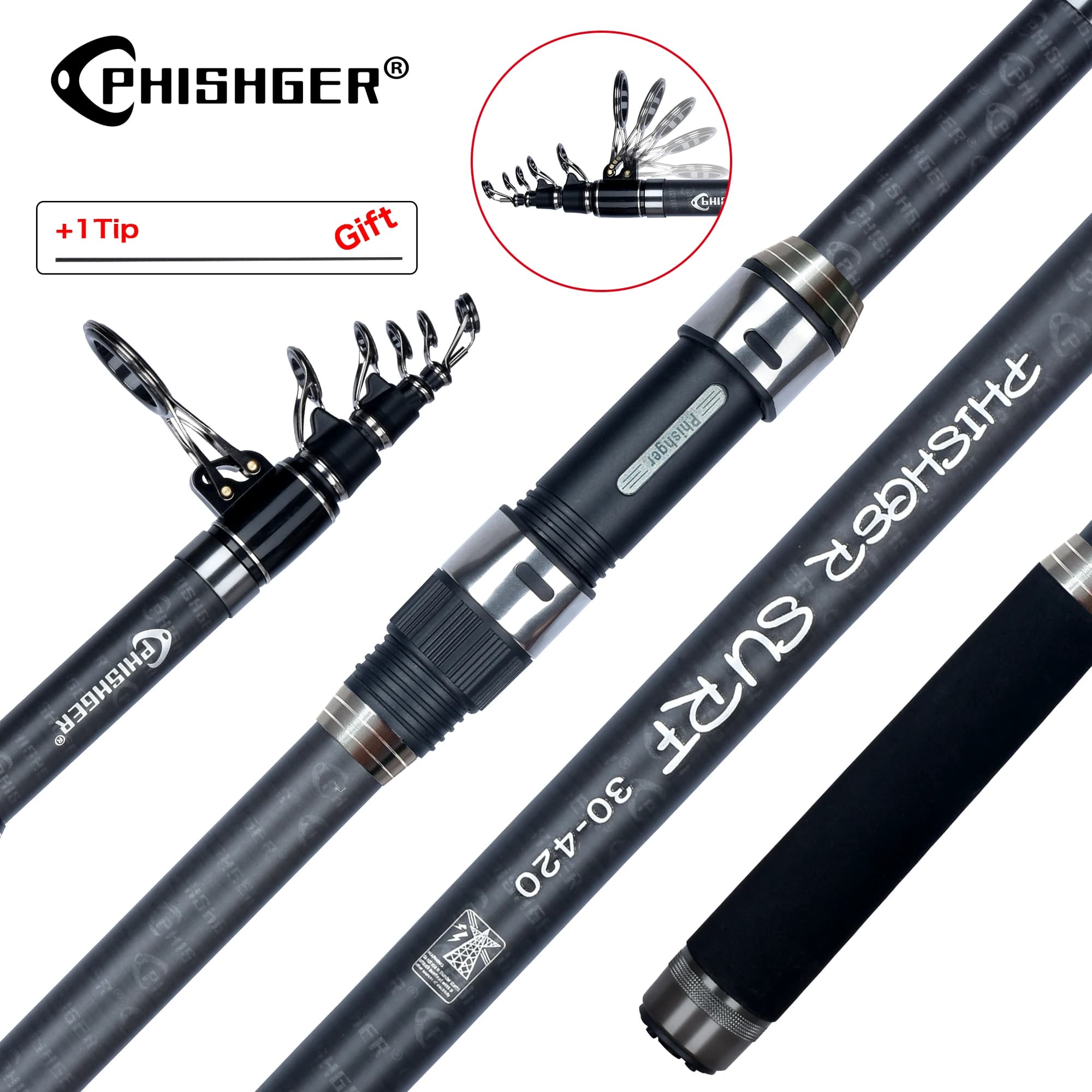PHISHGER-caña giratoria de Surf telescópica, 3,6/4,2/4, 5/5,0/5,3 m, Power80-150g 30T, caña de pescar de carbono para viajes, Surfcasting, Shore Casting