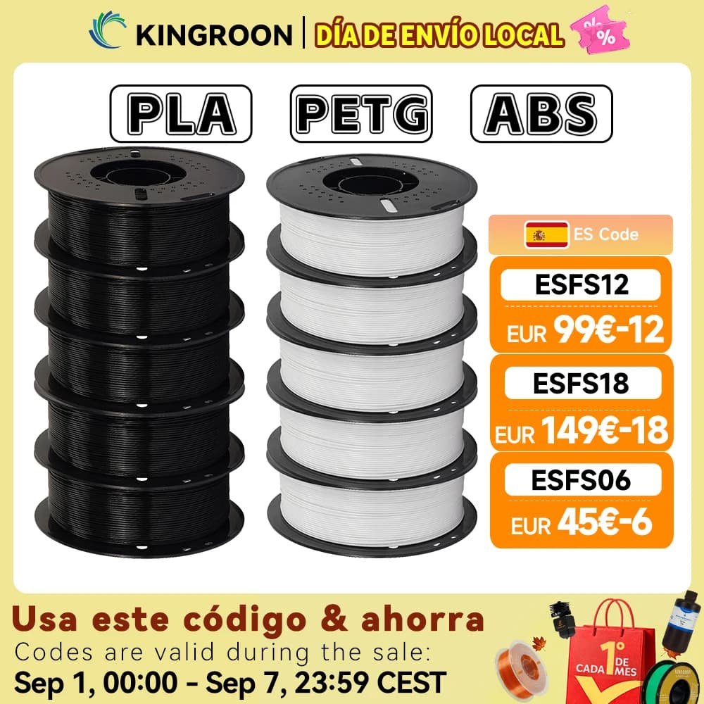 KINGROON 10KG PLA/ABS/PETG filamento 1,75mm negro blanco gris, venta al por mayor 10 rollos de plástico PLA ABS PETG para impresora 3D