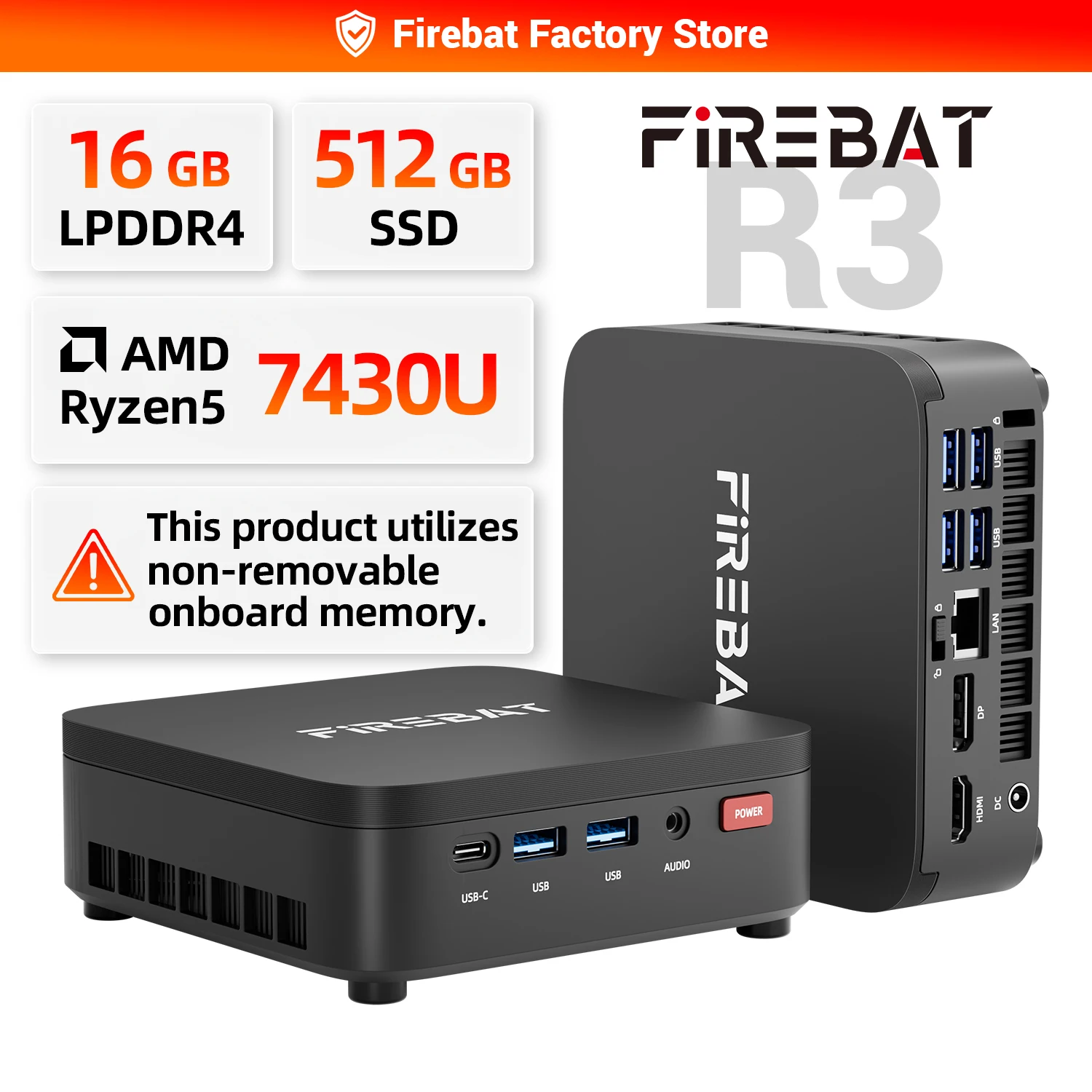 Mini PC FIREBAT R3 con AMD Ryzen 5 7430U 6C/12T, hasta 4.3GHz, 16GB de RAM LPDDR4, 512GB SSD, WIFI6, BT5.2, Windows 11, Computadora de Escritorio