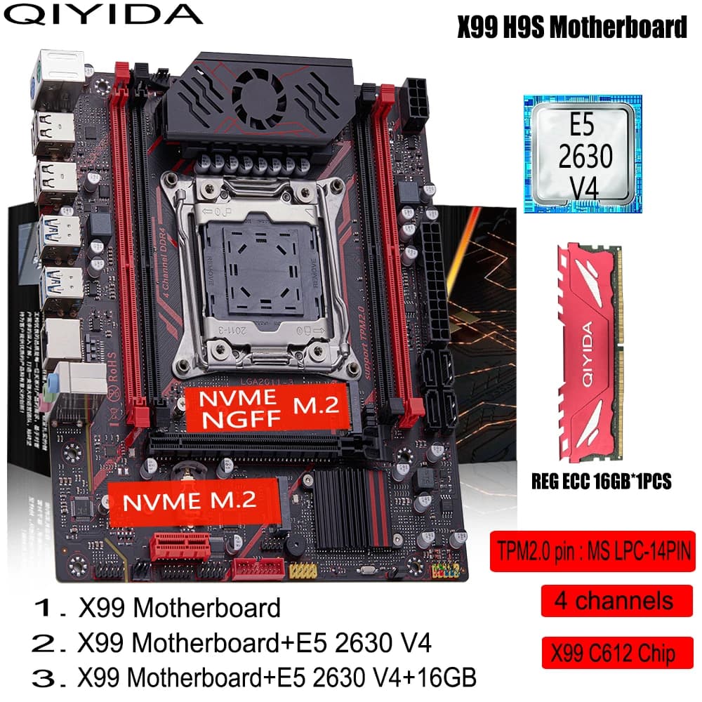Kit de placa base QIYIDA X99 H9S con CPU LGA2011-3 Xeon E5 2630 V4, memoria DDR4 de 16GB, NVME M.2, interfaz TPM 2.0 y SATA3