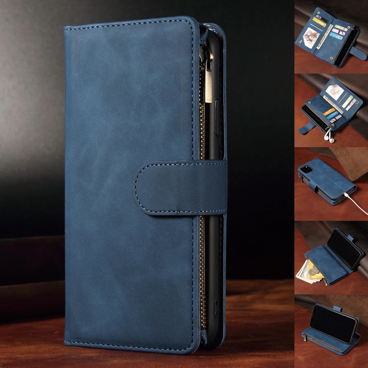 Para Samsung Galaxy S23 S22 S21 S20FE S10 S9 S8 Plus Note 20 10 Pro fundas de cuero de negocios ranura para tarjetas cremallera cartera funda de teléfono