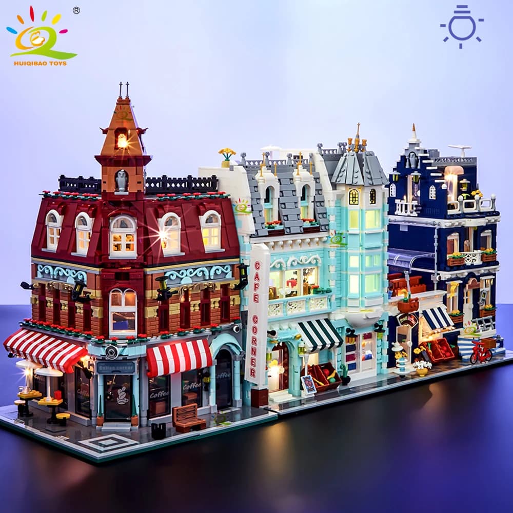 HUIQIBAO juguetes MOC ciudad esquina cafetería estilo arquitectura vista a la calle Micro bloques de construcción para niños ladrillos de construcción