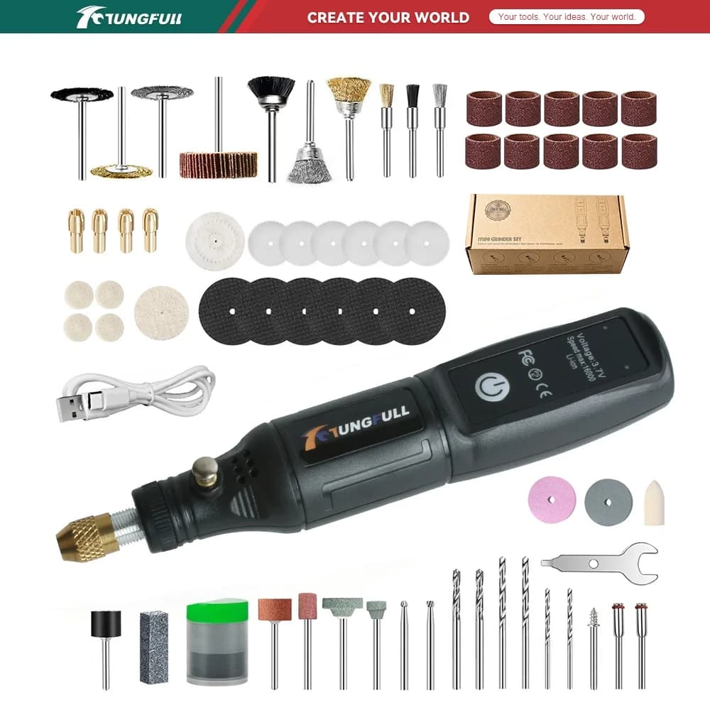 TUNGFULL Kit de Herramienta Rotatoria Inalámbrica Mini, Recargable por USB, Juego de Pulidora Tipo Lápiz para Bricolaje, Pulido, Perforación, Tallado y Trabajos Artesanales