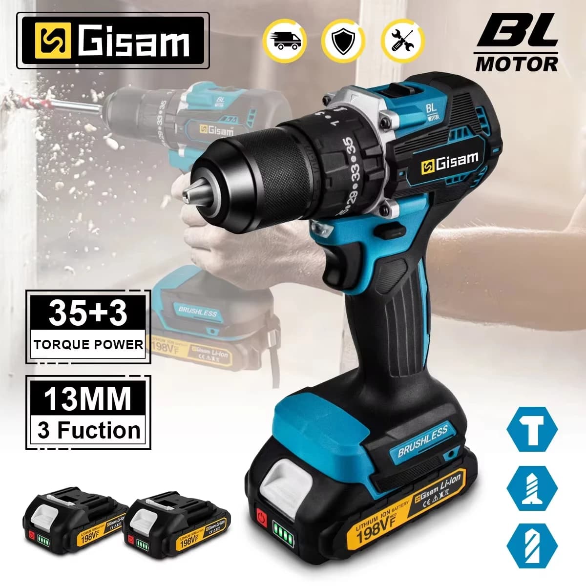 Gismis 65N.m 13MM 35 + 3 Torque Taladro de impacto eléctrico sin escobillas Destornillador eléctrico inalámbrico Herramienta eléctrica para Makita 18V Pin de batería