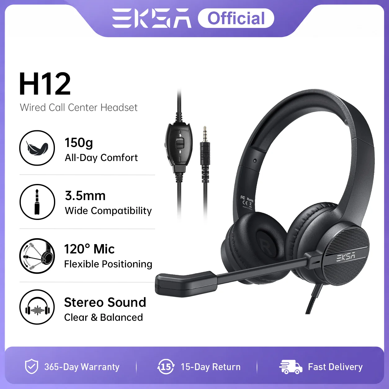 Auriculares con Cable EKSA H12 con Micrófono de 3.5mm, Auriculares Supraaurales para Call Center, Oficina, Camioneros, Micrófono Giratorio Estéreo de 40mm para PC