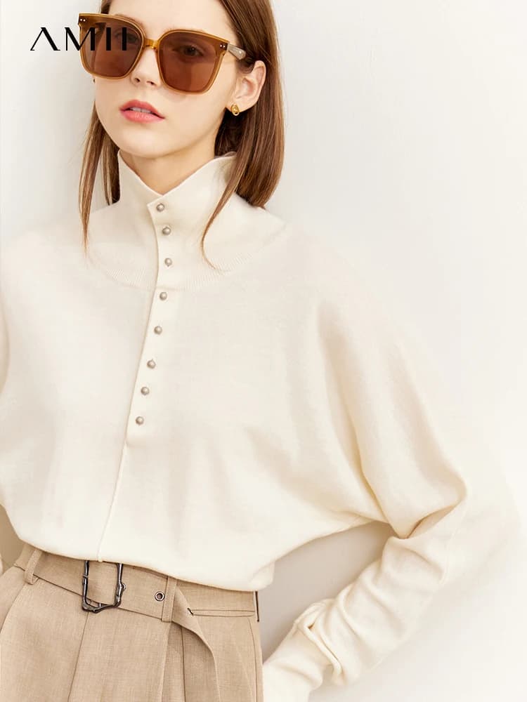 AMII-suéter de lana minimalista para mujer, Jersey holgado con manga de murciélago, cuello alto, Tops de punto, 100%, Otoño, 2022