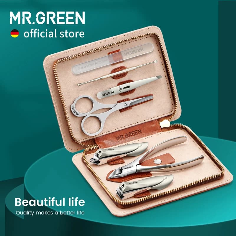 MR.GREEN-Juego de manicura 7 en 1 con Funda de cuero, kit de herramientas profesionales para el cuidado de los pies y la cara, cortaúñas de acero inoxidable, regalo
