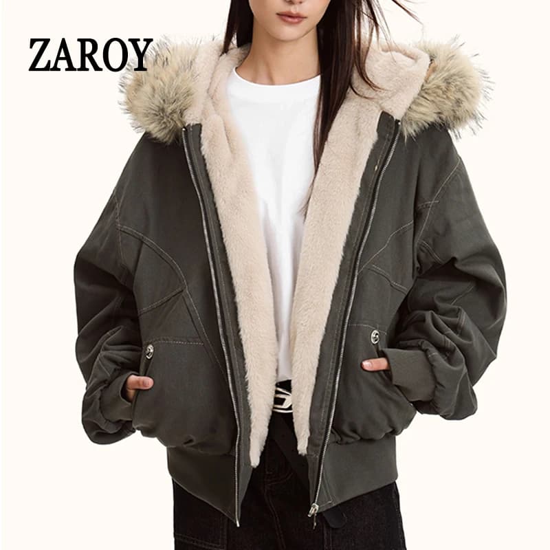 ZAROY-Parkas con capucha y cuello de piel para hombre y mujer, chaquetas acolchadas gruesas Y2k Harajuku, abrigos góticos informales con cremallera, ropa de calle