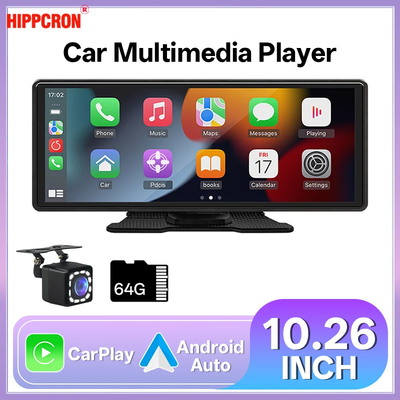 Hippcron 10,26 ''pantalla de Radio para coche reproductor de vídeo Multimedia inalámbrico Carplay Android Auto Mirrorlink BT AUX TF USB Universal