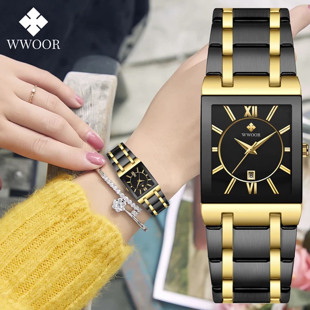 WWOOR-reloj de cuarzo japonés para mujer, cronógrafo cuadrado de Oro Negro, de acero inoxidable, resistente al agua, a la moda