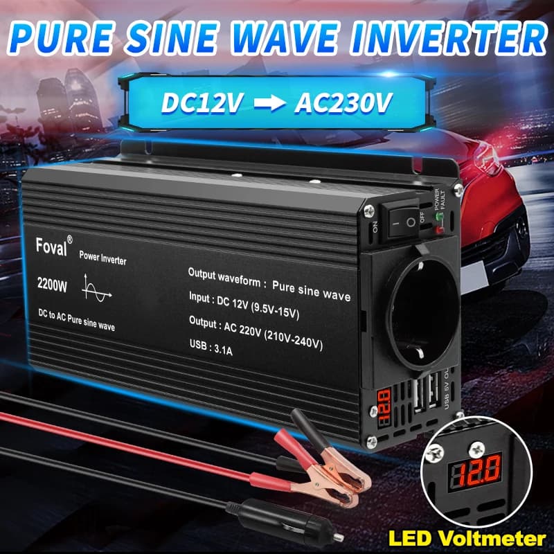Inversor de onda sinusoidal pura DC 12V a AC 220V 230V 1500W/2200W/2600W convertidor de transferencia de voltaje enchufe Universal de la UE accesorios para automóviles