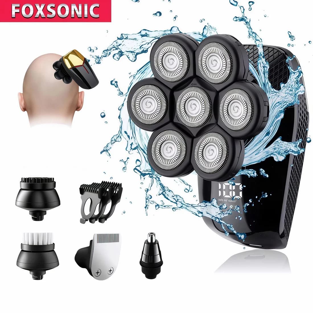 FOXSONIC-Afeitadora para hombre 7D independiente, 7 cortadores, cabezal flotante, maquinilla de afeitar eléctrica resistente al agua, recortadora de barba para hombre