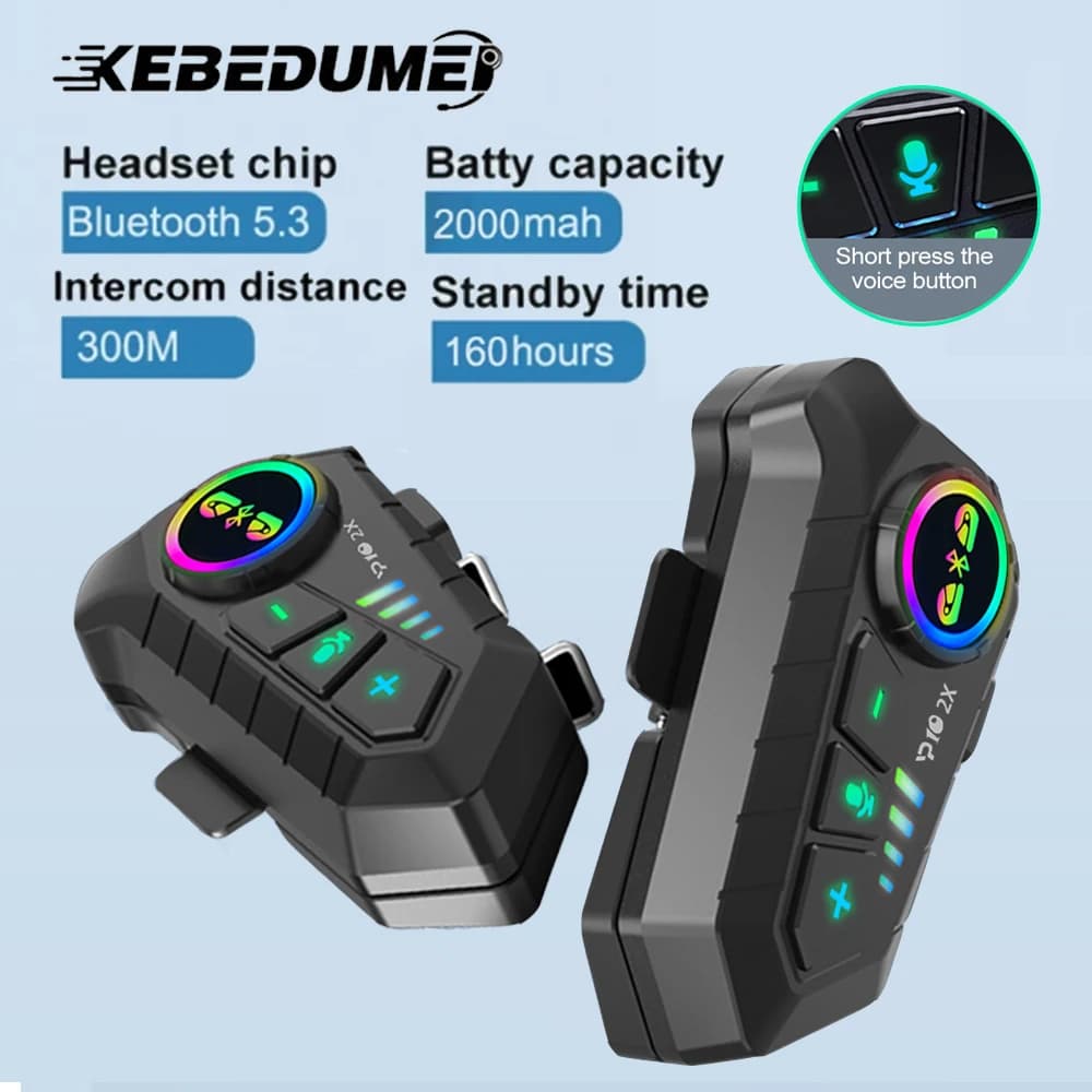 KEBIDUMEI 1/2x Auriculares Intercomunicadores para Motocicleta, Casco BT 5.3 para 2 Motociclistas, Intercomunicador de 300M, Impermeable, Interfono para Compartir Música