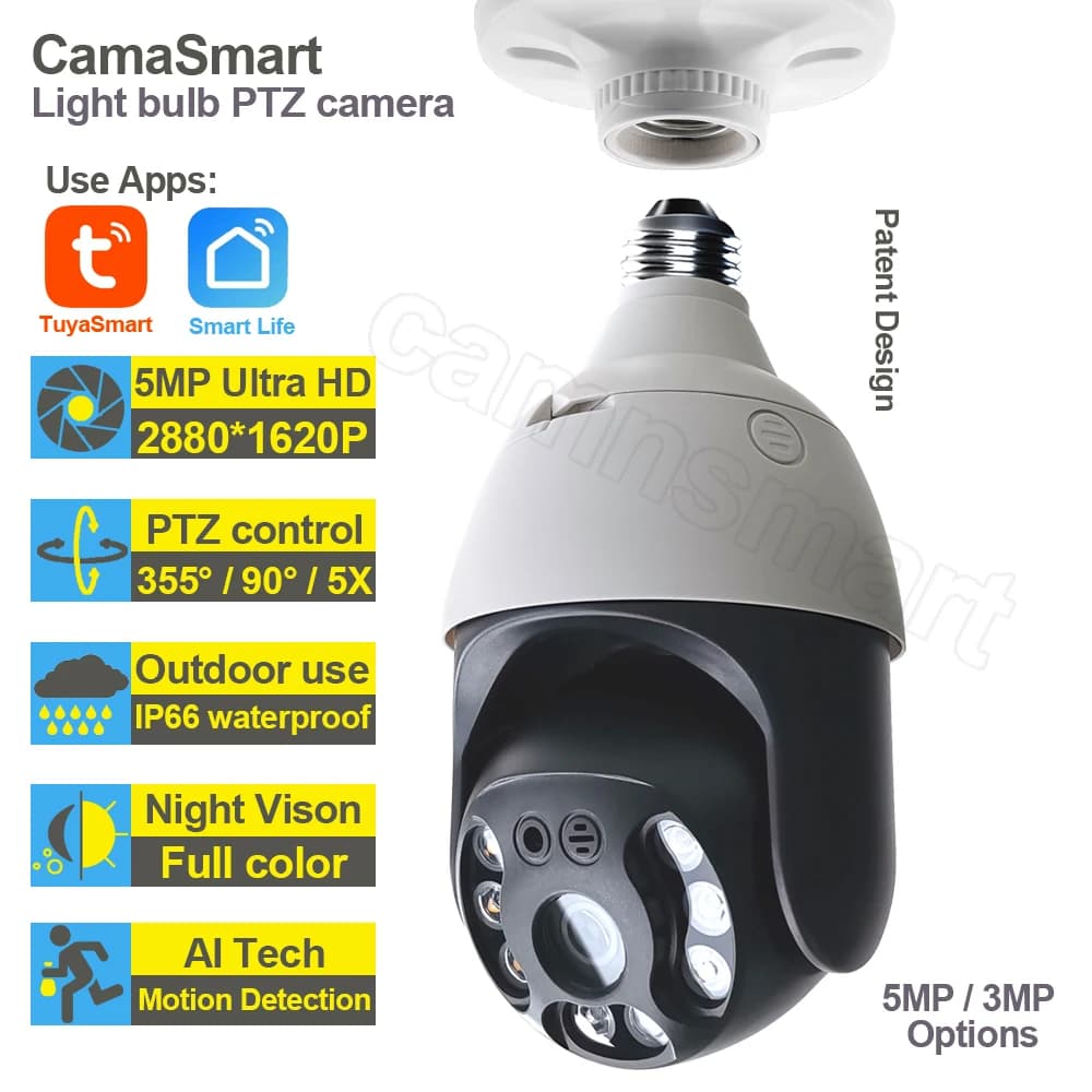 Cámara con bombilla Tuya E27 de 5MP para exteriores, Wifi externo, IP, PTZ, vida inteligente, 256G, visión nocturna, protección de seguridad para el hogar, videovigilancia