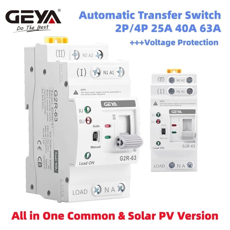 GEYA G2R ATS Interruptor de Transferencia Automática 220V 230V Riel DIN Selector Eléctrico de Doble Alimentación Conmutación Ininterrumpida 63A 110V