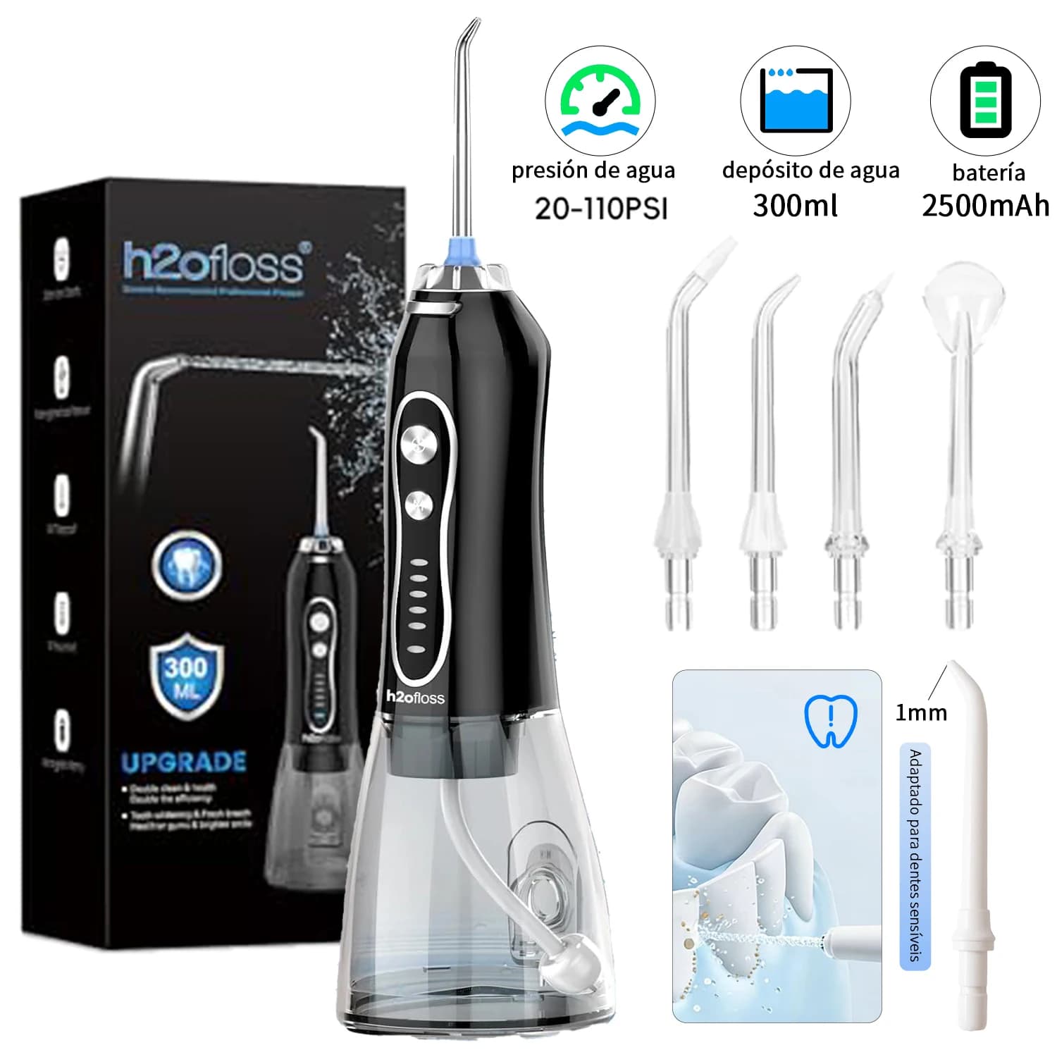 H2ofloss Water Flosser Irrigador Bucal Inalámbrico Alta Presión 5 Modos 5 Boquillas Depósito de 300 ml Batería Recargable USB de 2500 mAh Irrigador Oral Dental Portátil para Limpieza Dental