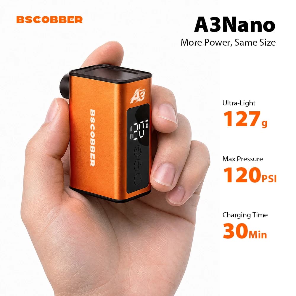 BSCOBBER A3Nano Mini Compresor de Aire Eléctrico Portátil para Bicicleta, Manómetro Inalámbrico, Bomba de Aire para Válvulas Schrader y Presta, Accesorios para Bicicleta