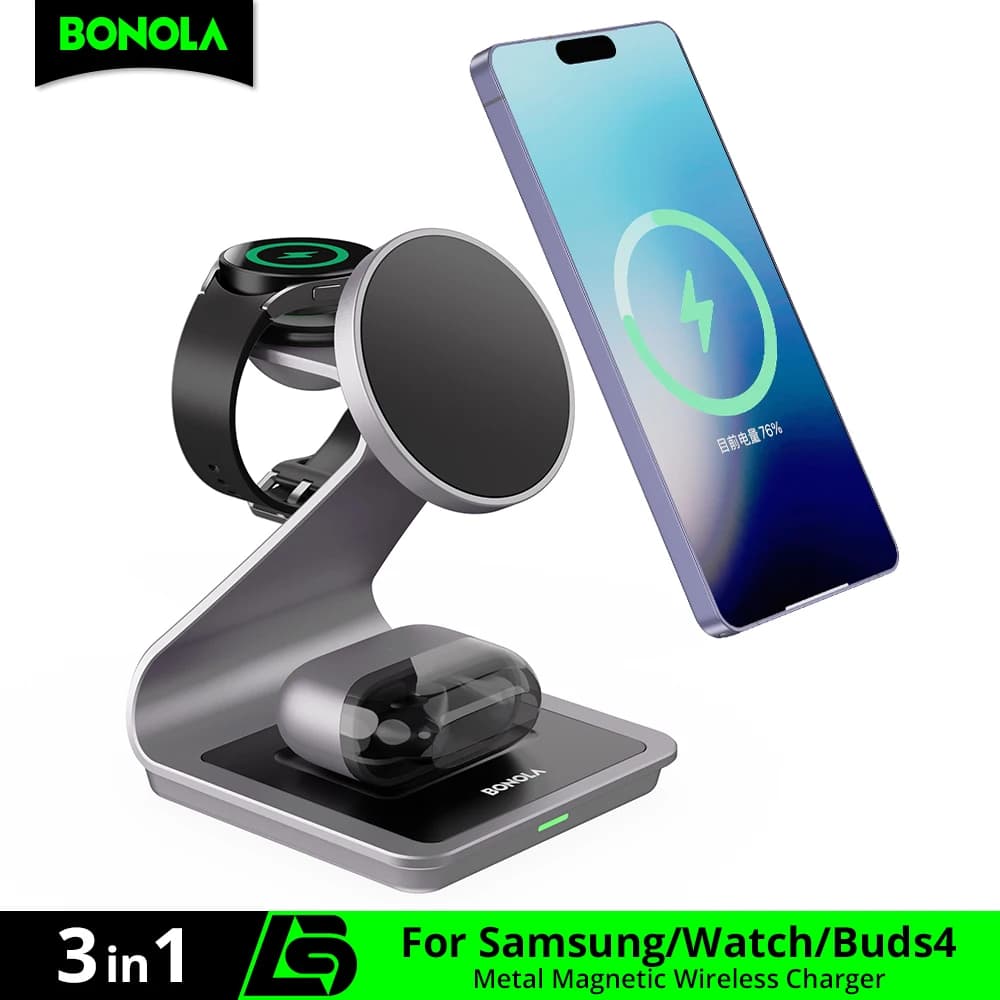 Base de Carga Inalámbrica Magnética 3 en 1 Bonola para Samsung S24 Ultra/S25/26, Soporte de Carga Rápida para Galaxy Watch 8/7/6/Auriculares