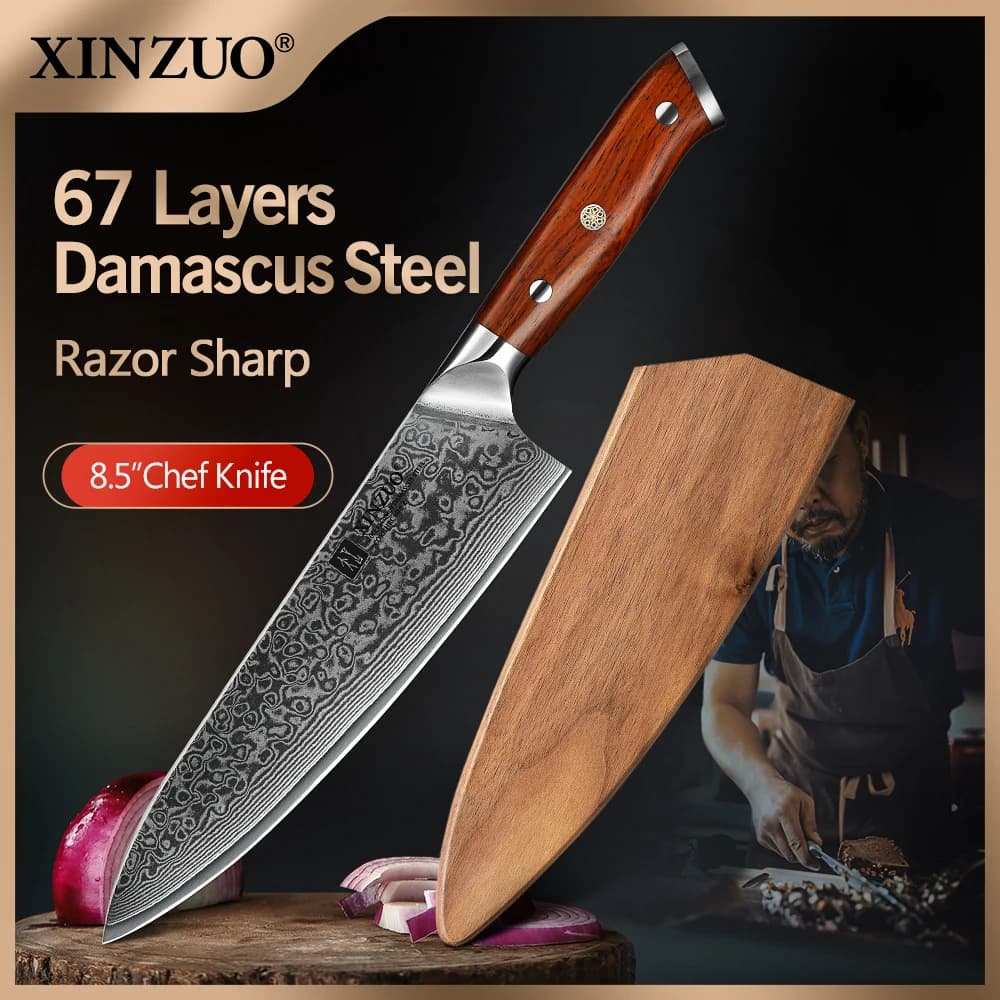 XINZUO-cuchillos de Chef de acero inoxidable, utensilio chino de alto carbono VG10, 67 capas, Damasco, mango de palisandro, 8,5 pulgadas