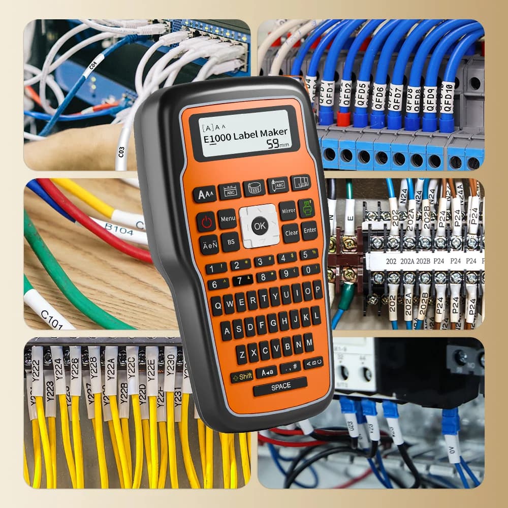 Impresora de Etiquetas Industrial E1000 PRO, Impresora Portátil de Etiquetas Termocontraíbles, Compatible con Brother HSE-231 HSE-631 para Marcar Cables