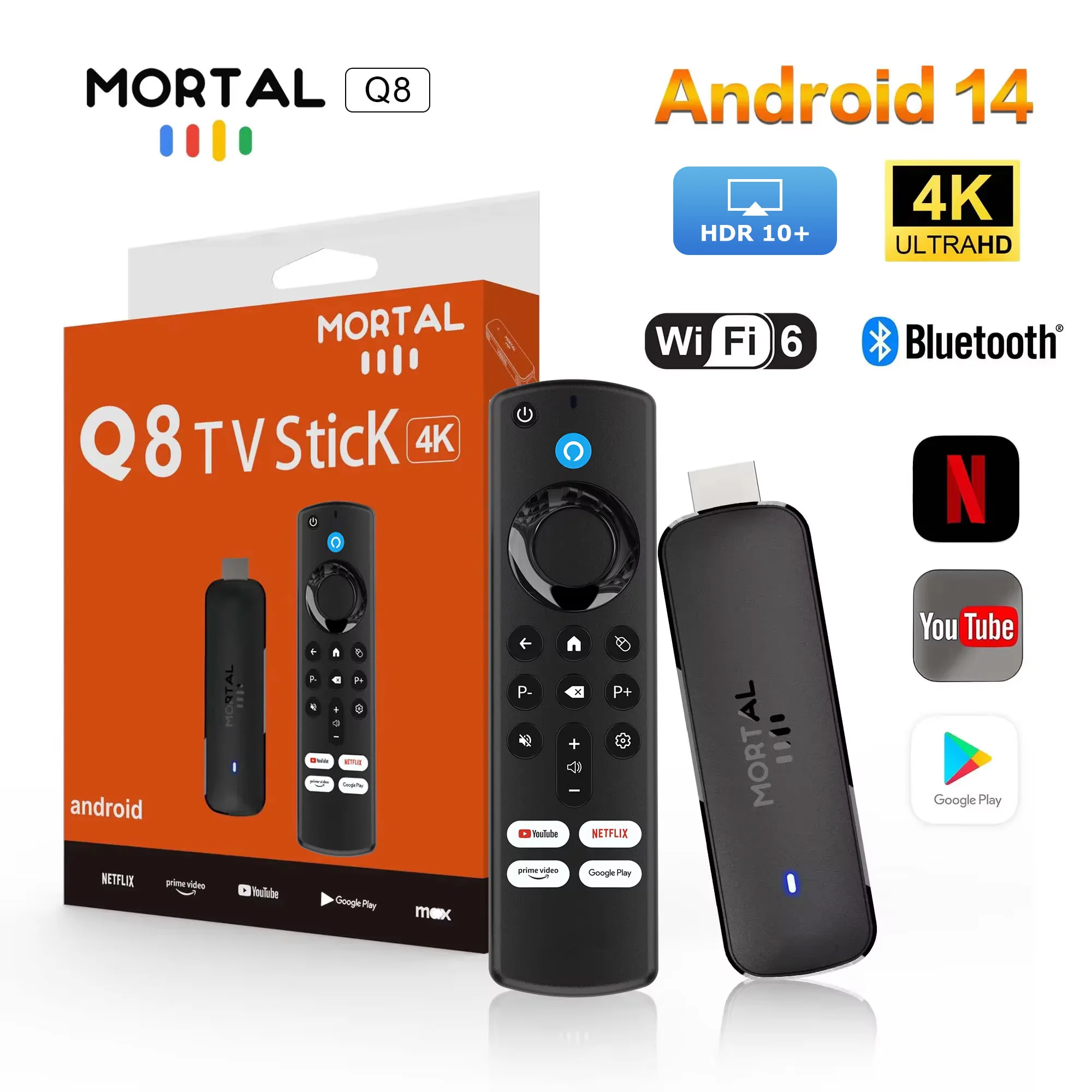 Versión en vivo de Android 14 TV stick 4k 1080p WiFi 6 Google Voice Netflix youtube q8 BT5 24fps WiFi Decoding media player