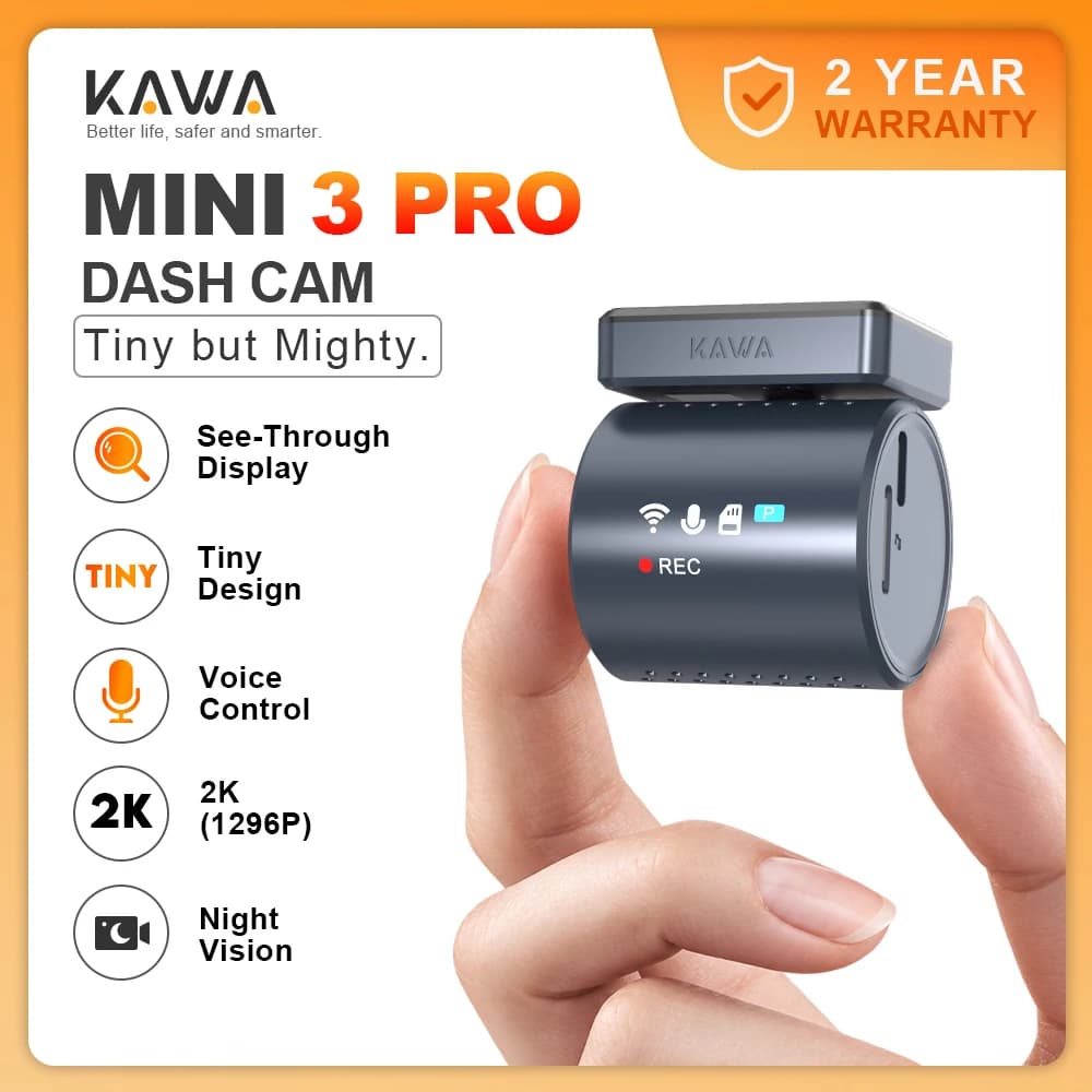 Cámara para Coche KAWA Dash Cam MINI 3 Pro, Pantalla Transparente 2K, Control por Voz, Monitoreo de Estacionamiento 24/7, Visión Nocturna, Supercapacitor, DVR para Coche