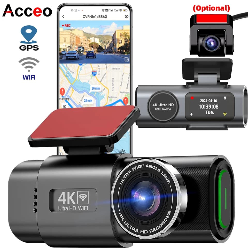 Cámara de salpicadero 4K UHD grabación cámara de coche DVR visión nocturna grabadora de vídeo Wi-Fi integrada soporte GPS 24H estacionamiento