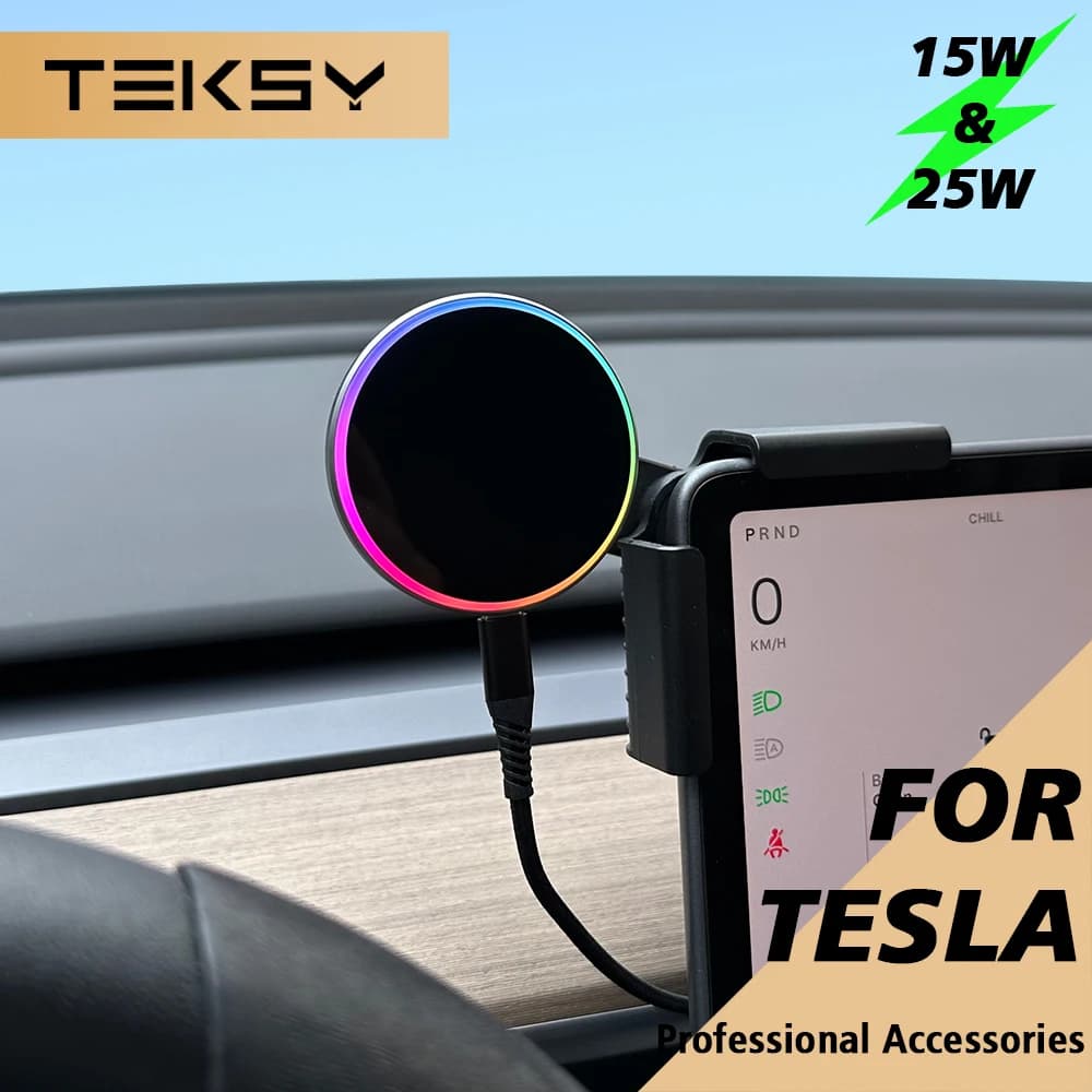 Soporte para teléfono de coche con cargador inalámbrico magnético de 15 W y 25 W, compatible con MagSafe para Tesla Model Y 3 JUNIPER 2026.