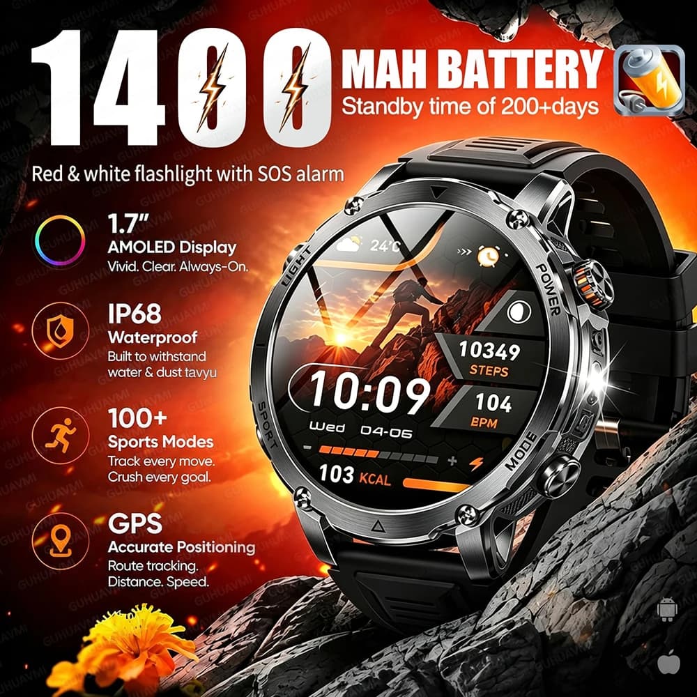 Nuevo reloj inteligente con batería grande de 1400mAh para hombre, linterna GPS para exteriores, resistente al agua IP68, llamada Bluetooth, reloj inteligente deportivo militar AMOLED