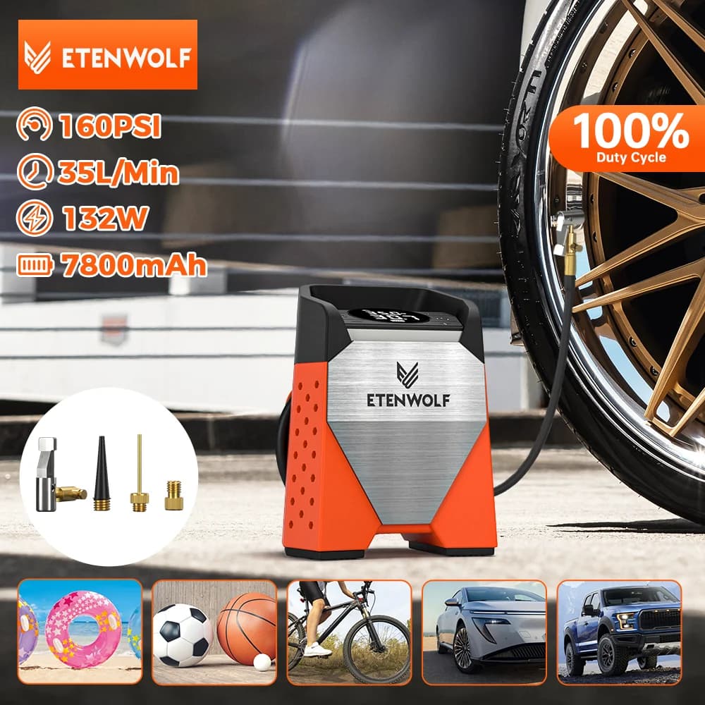 ETENWOLF ZEPHYR S3 Inflador de neumáticos portátil 100% ciclo de trabajo 160 PSI compresor de aire de coche 7800mAh para coches motocicletas bolas (nuevo)
